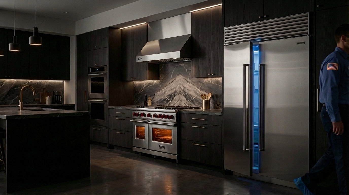 Professional technician servicing Sub-Zero refrigerator in luxury dark kitchen with Viking range and Wolf wall oven